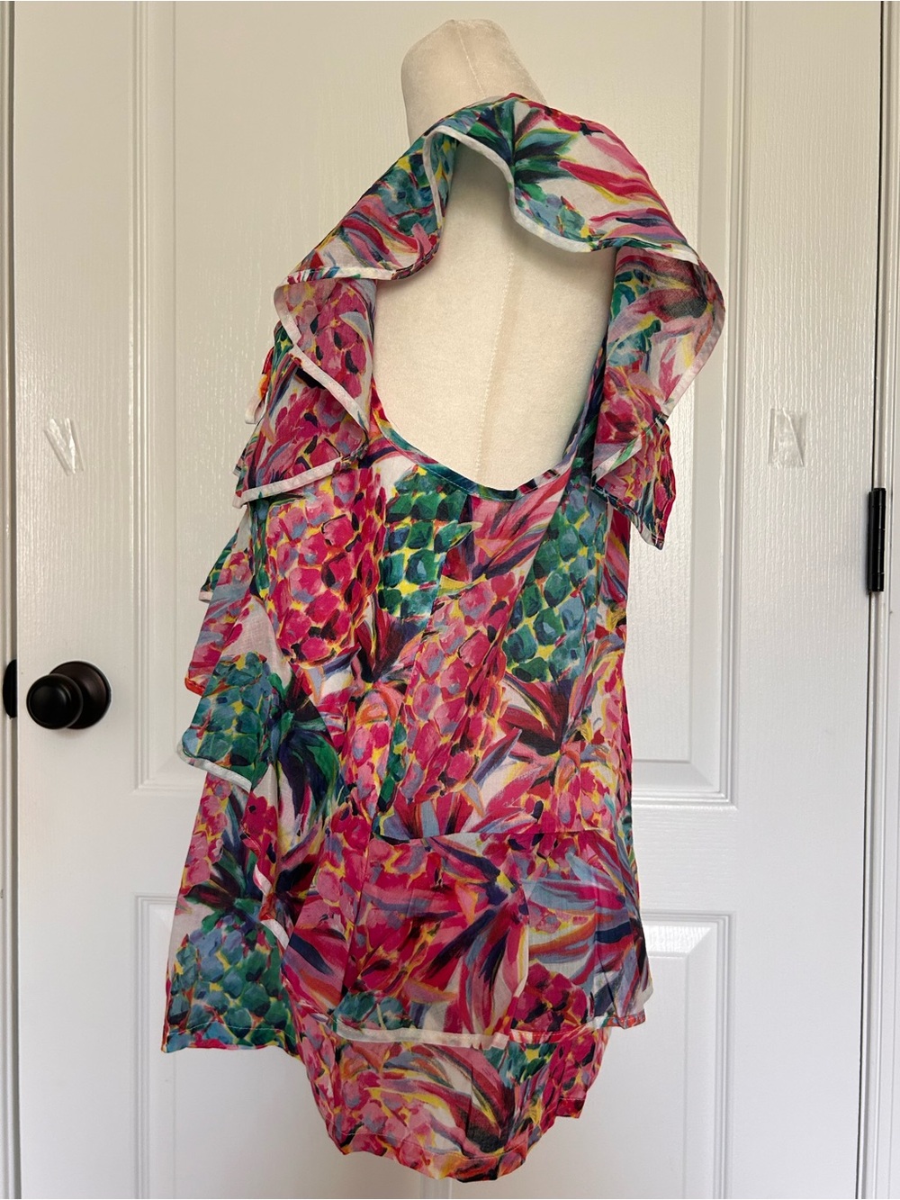 J. Crew Ruffle Top Pink Off-Shoulder Tropical Pineapple Print Top Cotton Size 12 - Picture 5 of 10